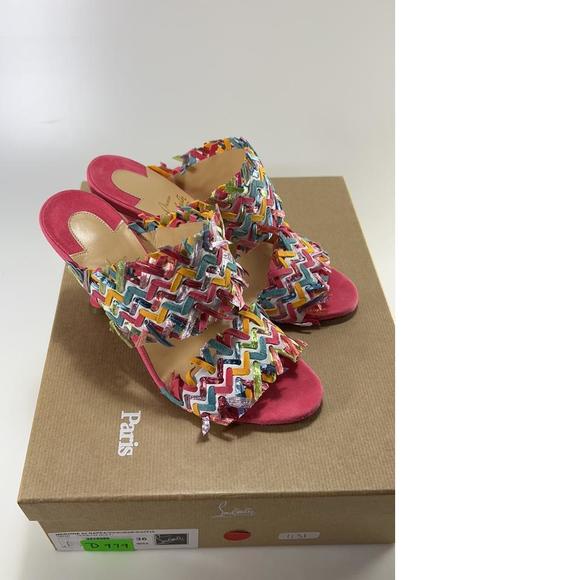 Meroine Pink Rainbow Woven 85mm raffia fringe heels mules D979 - Picture 2 of 11